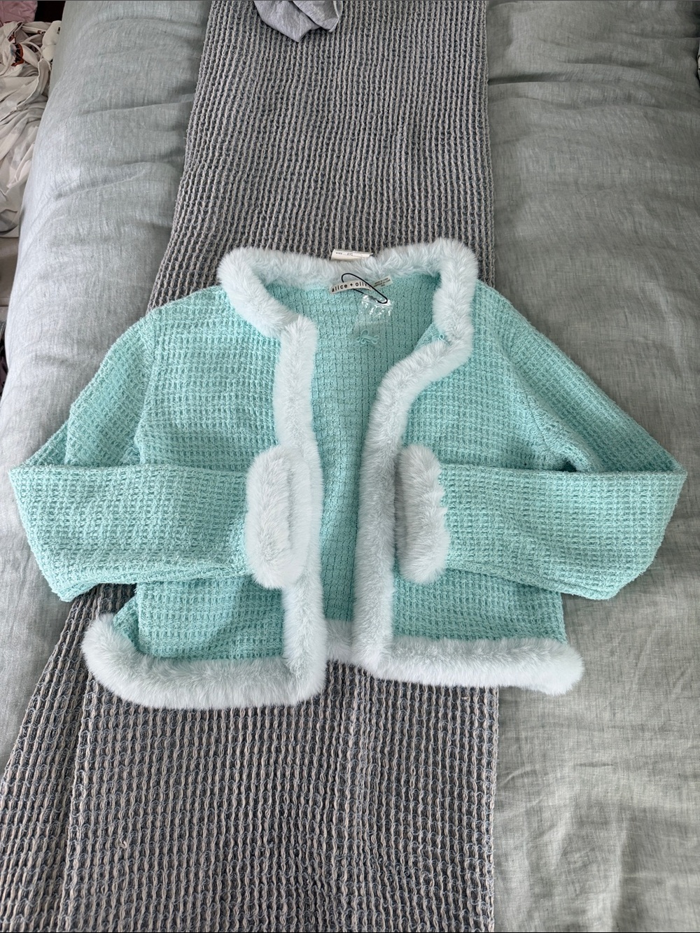Alice + Olivia Mint Green Knit Cardigan with Faux Fur Trim